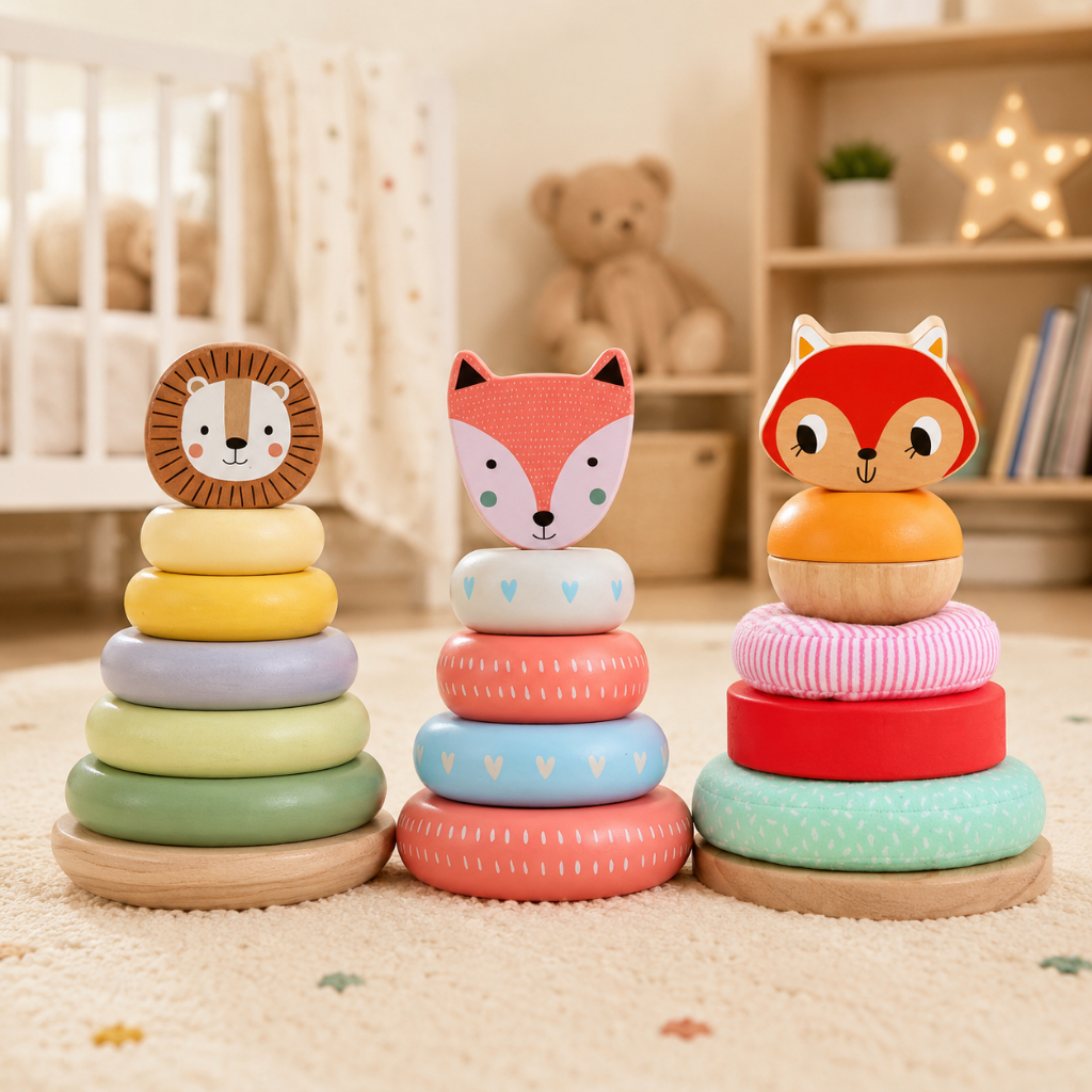 Brinquedo Empilhar Torre Madeira Infantil Educativo Coordenação Animais