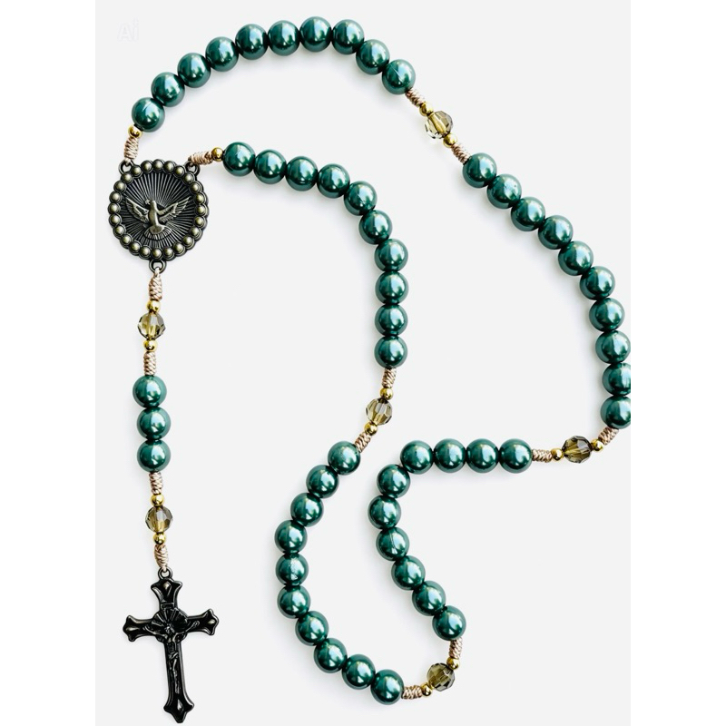 Terço Artesanal Divino Espírito Santo Verde Perolado | Contas 10mm | Crucifixo em Metal | Rosário Católico