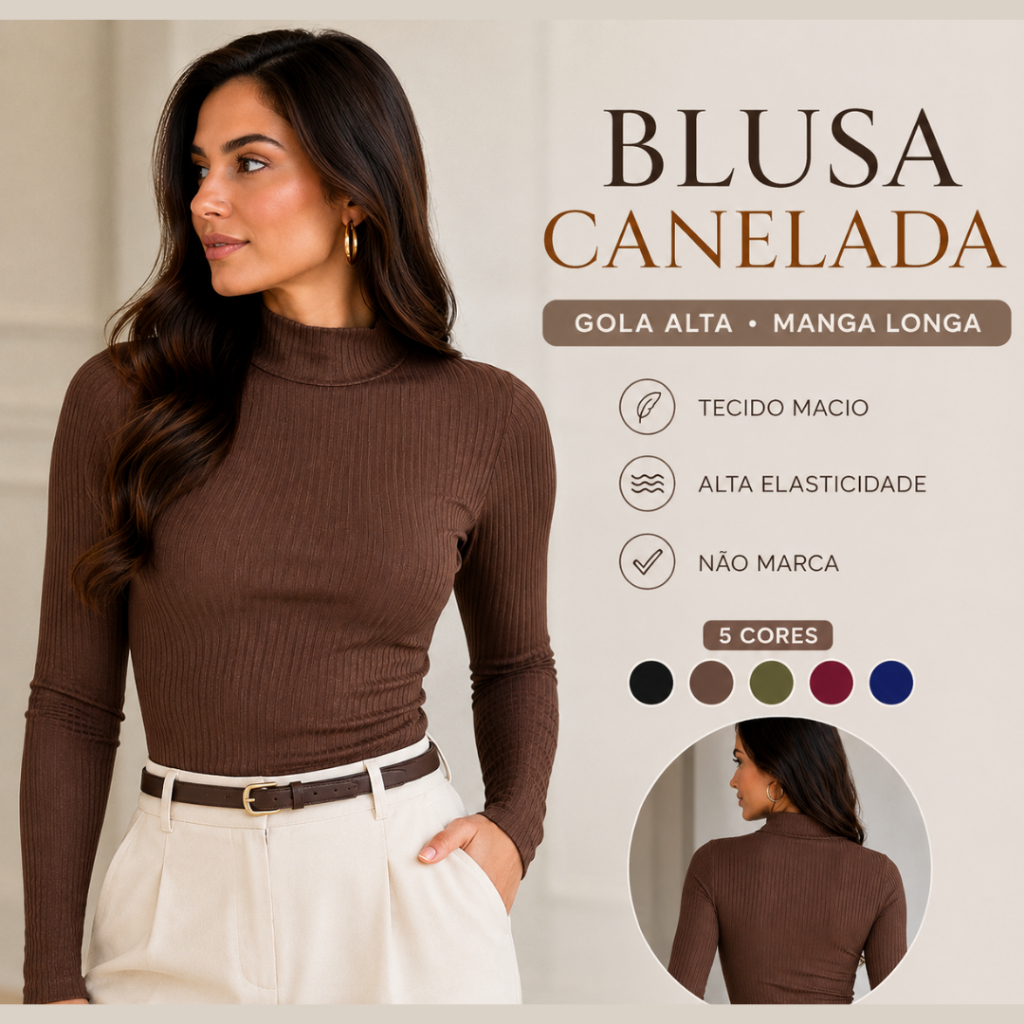 Blusa Feminina Canelada Gola Alta Manga Longa Inverno Básica Casual Elegante