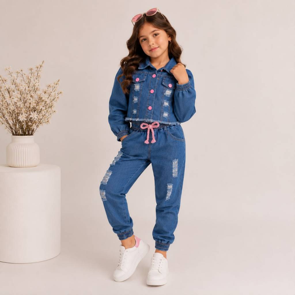 Conjunto Jeans Infantil Feminino Jaqueta e Calça Jogger Blogueirinha Moda Menina Tam 2 ao 12 Anos — imagem 2 de 2