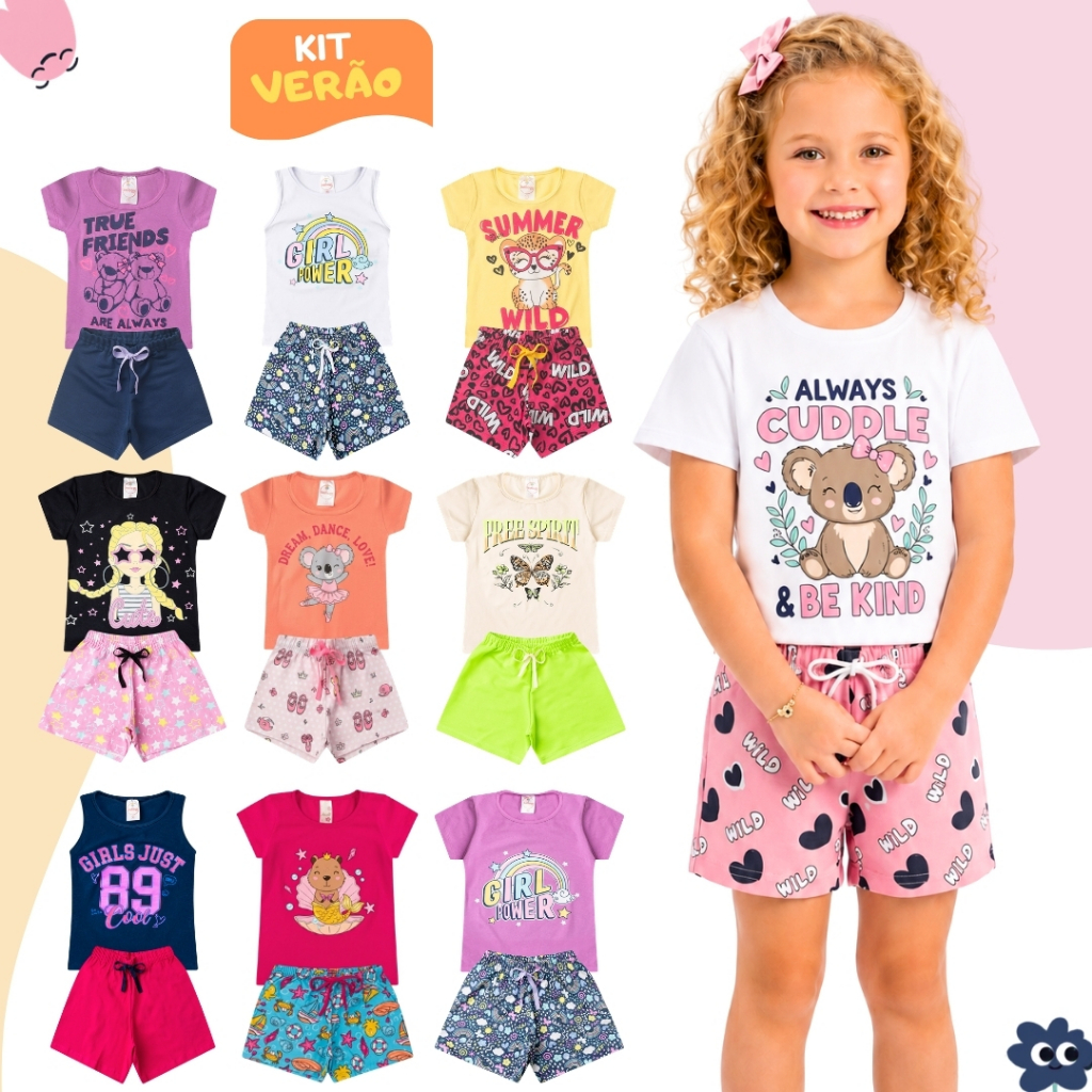 Kit 6 Peças Roupa Infantil Menina Verão Algodão Conjunto Feminino 3 Camisetas + 3 Shorts do 1 ao 14
