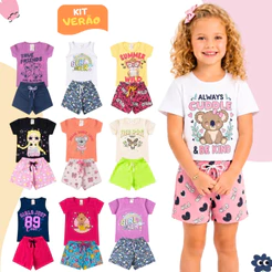 Kit 6 Peças Roupa Infantil Menina Verão Algodão Conjunto Feminino 3 Camisetas + 3 Shorts do 1 ao 14