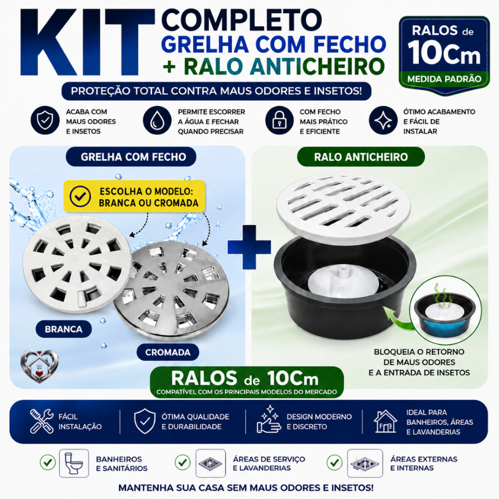 Kit Completo Grelha com Fecho + Ralo Anticheiro 10cm | Anti Odor e Anti Insetos