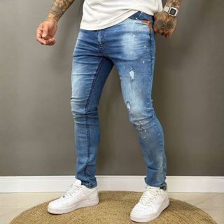 Calça Jeans Masculina Slim Jogador com detalhes Destroyed Rasgada com Elastano Tradicional Premium