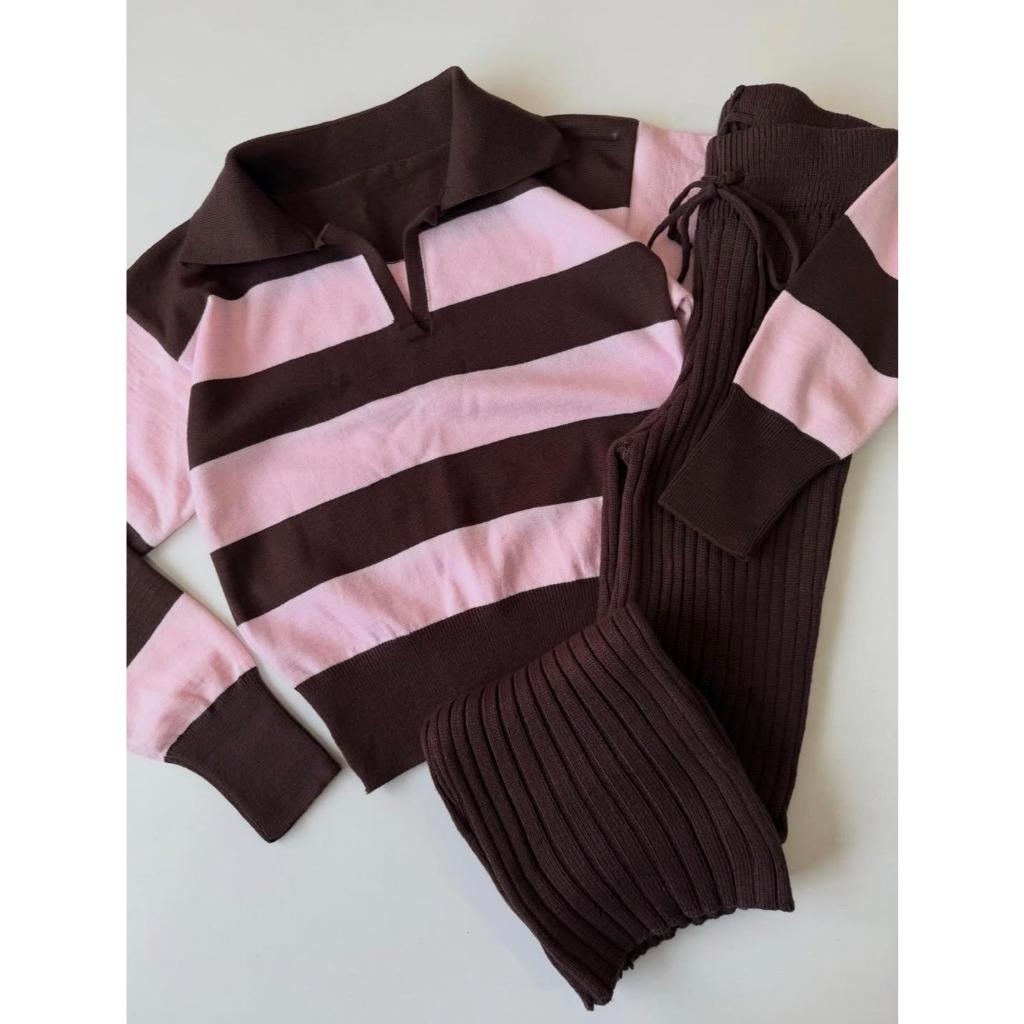 Blusa Feminina Gola polo Listrada Tricôt Modal Mais Calça Canelada em Modal Premium