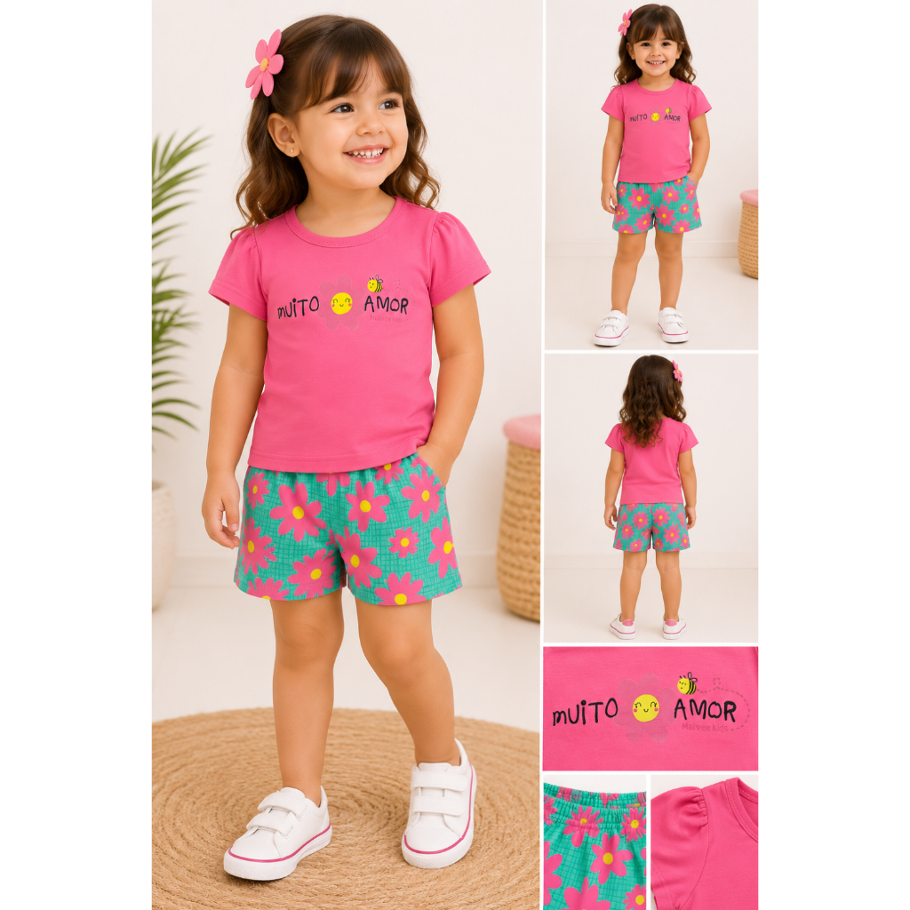 Conjunto Menina Bermuda Ciclista Estampada Em Algodão Malwee Kids - Tamanho: M