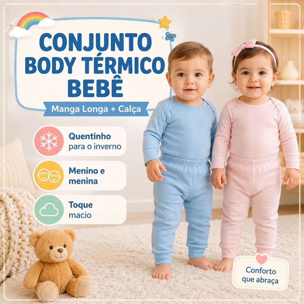 Conjunto Body Térmico Bebê Manga Longa e Calça Infantil Inverno Menino Menina