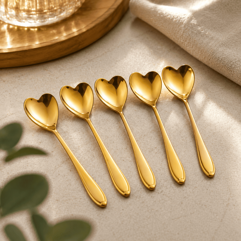 Kit 5 Colher Coração Talher Dourado Cozinha Luxo Cantinho do Café Sobremesa Aço Inox