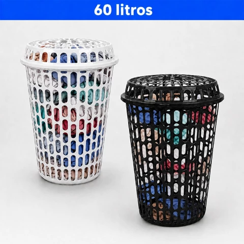 Jogo de 02 Cestos 60 Litros Organizador Telado Com Tampa Resistente Reforçado