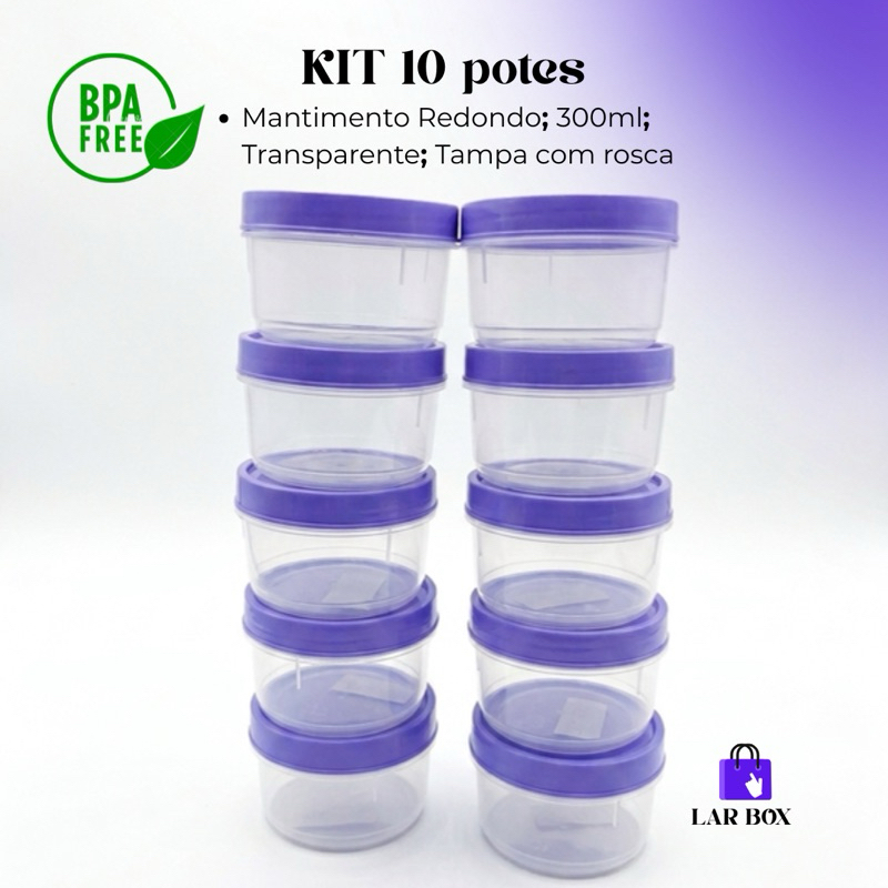 Kit 10 Potes Plásticos Redondos 300ml com Tampa Rosca | BPA Free | Transparentes | Organizador Multiuso para Mantimentos