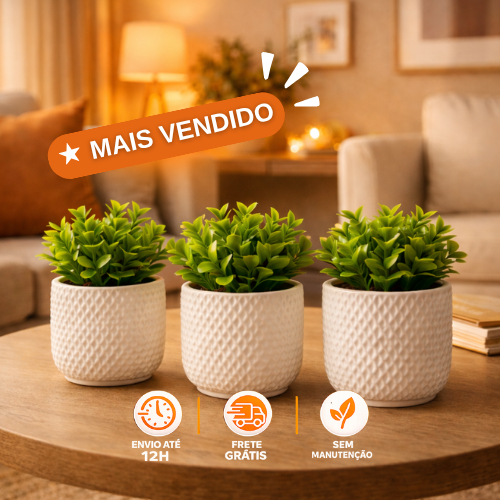 Vaso Planta Artificial- Kit até 6 Unidades Sem ou Com Plantas Artificiais- Mesa, Estante, Rack, Nicho