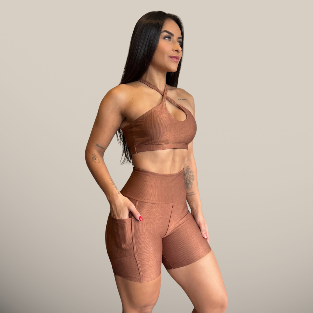 Kit Conjunto Canelado de Academia Top e Short com Bolso Para Corrida Topper Feminino Roupa Fitness Legging Feminina Alta