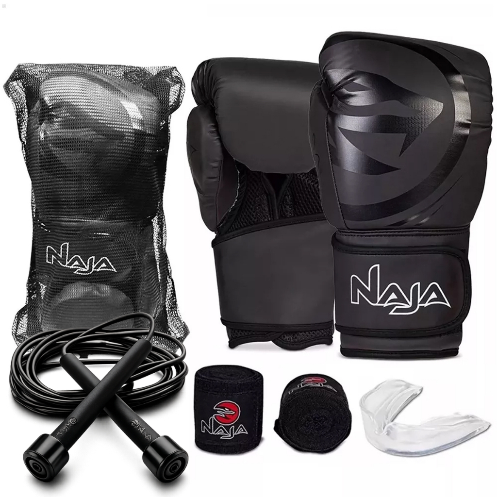 Luva Boxe / Muay Thai - Black Naja + 2 Bandagens 3,5m + Protetor Bucal + Cordinha Extra Sortido