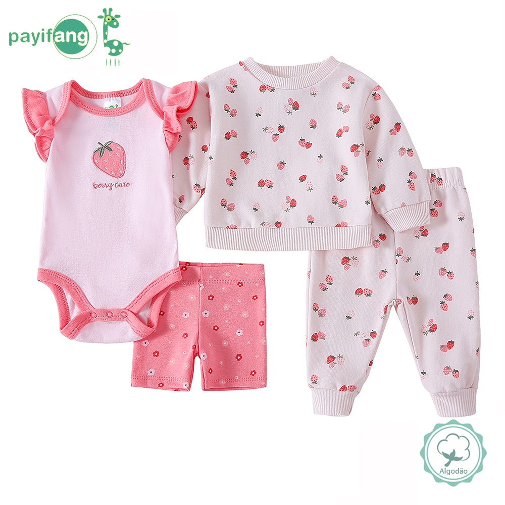 Kit 4 Peças Conjunto Roupa Bebê Menina 60% Algodão 40% Poliéster Body Morango + Blusa Moletom + Calça + Shorts TM-4030