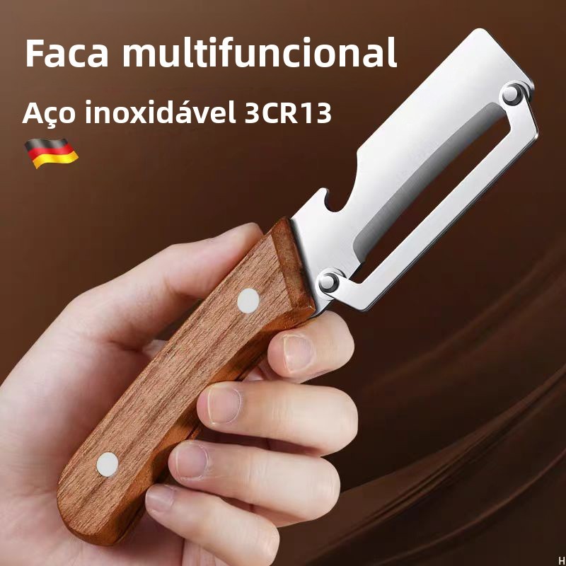 Descascador de Frutas e Vegetais com Cabo de Madeira - Faca de Aço Inoxidável Multifuncional
