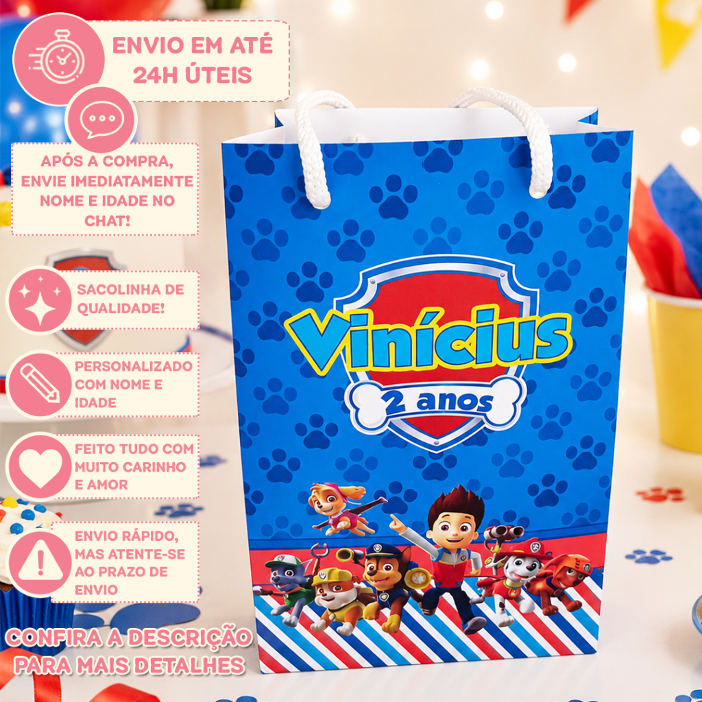 Sacolinhas Personalizada P | Patrulha Canina | PEGU E MONTE | Lembrancinha Festa Aniversário