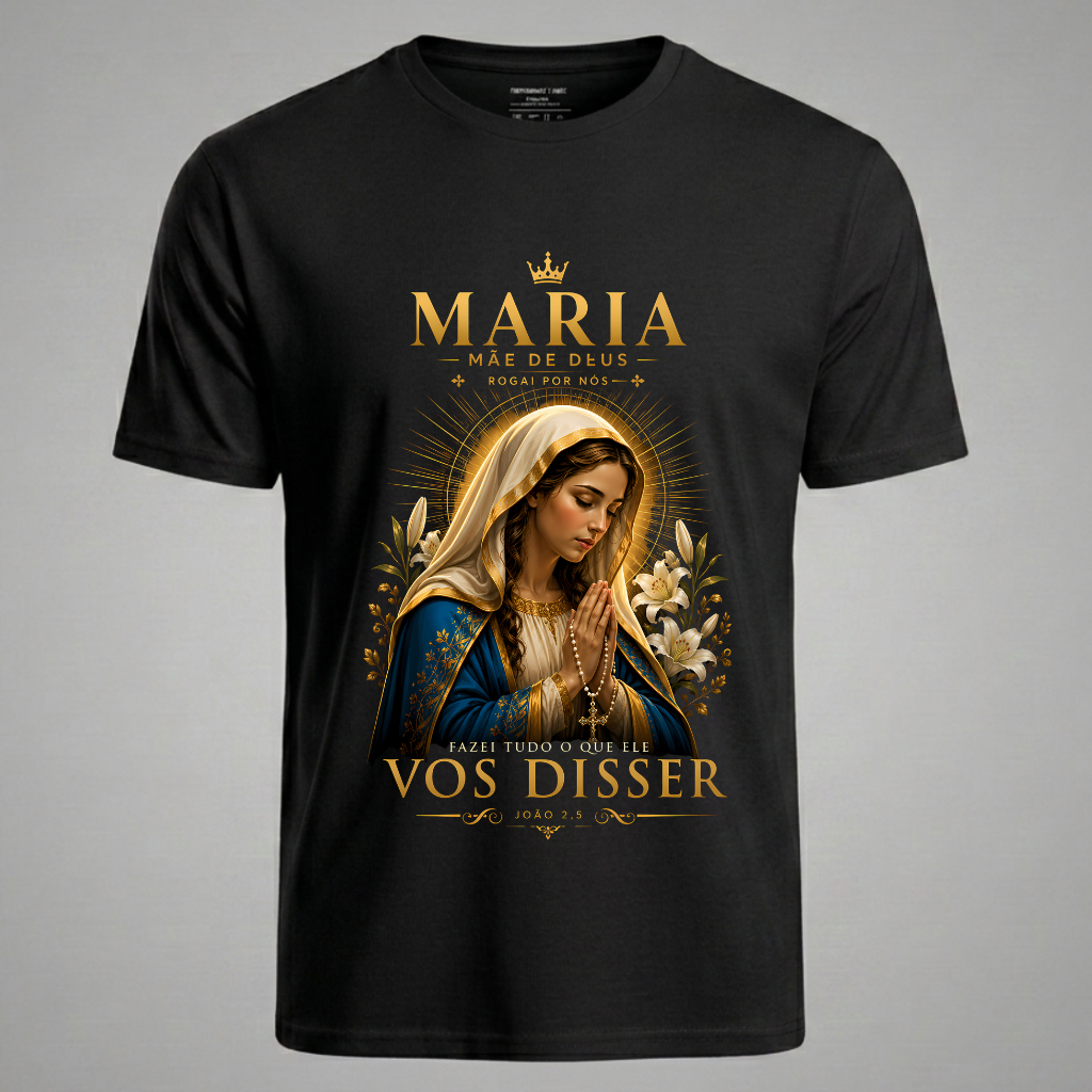 Camiseta estampada Maria Mãe de Deus algodão 30.1 alta qualidade de estampa uso diaro e ocasiões religiosas