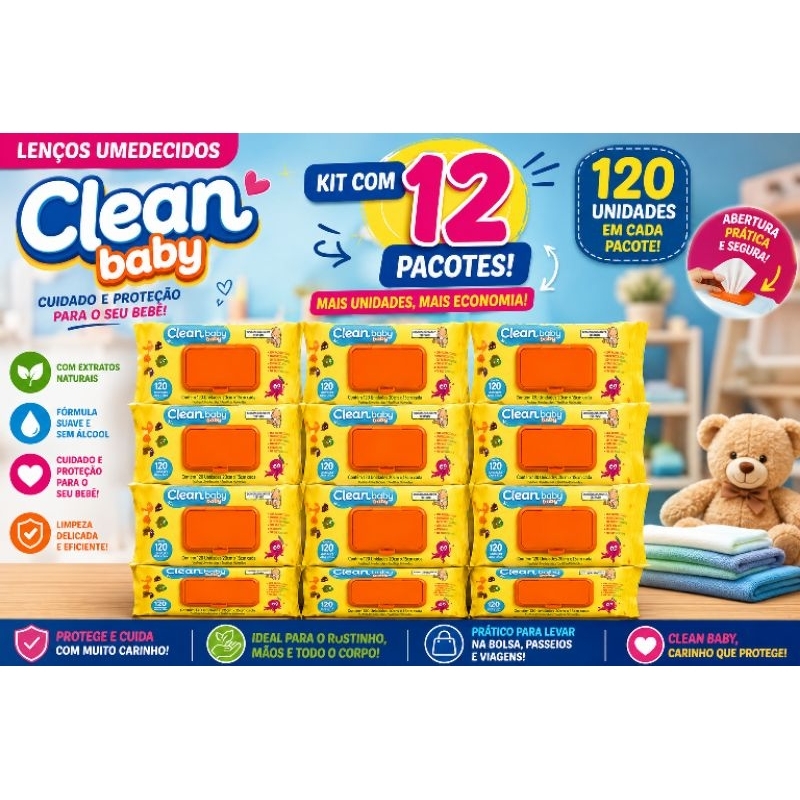 Caixa 12 Pacotes de 120 unidades-Toalhas Umedecidas Clean Baby com 1440 toalhas