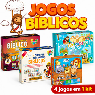 Kit 4 Jogos Bíblicos Infantis Educativos Cristãos – Arca de Noé, Dominó, Aquarela e Quebra-Cabeça