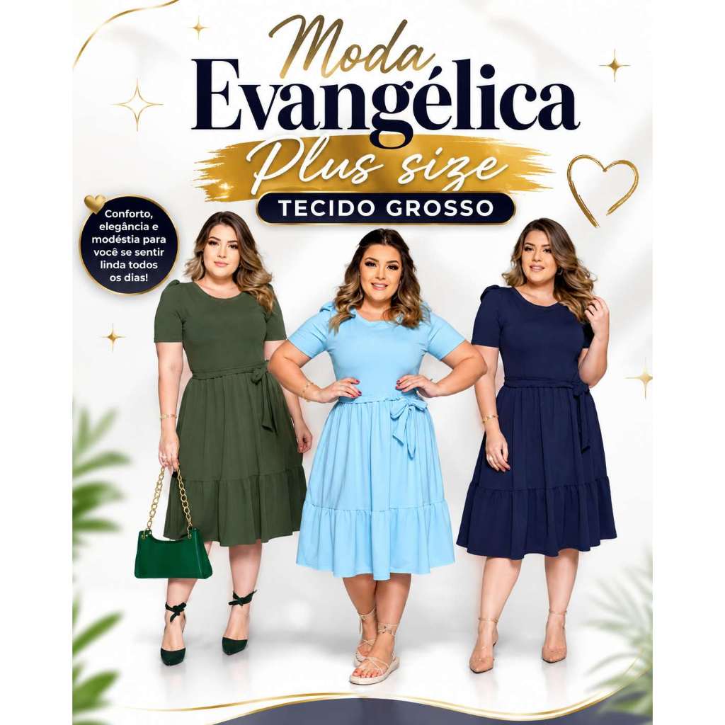 Vestido gospel Plus Size Evangélico mais vendido Babado Rodado ou Midi casual jovem Moderna Festa Batizado ou 15 anos