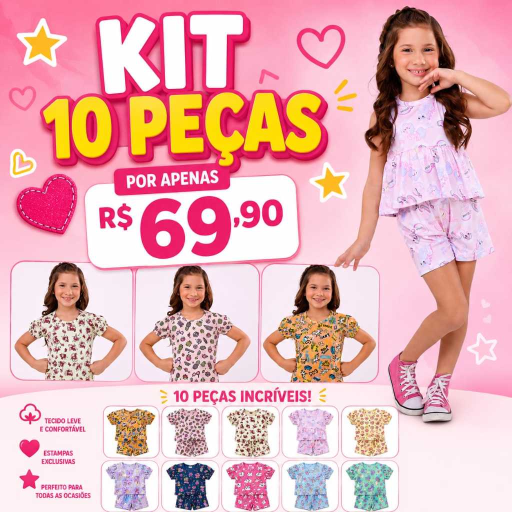Kit 10 Peças Roupa Infantil Menina Sortidos Verão Conjunto Infantil Menina - 5 Blusas + 5 Shorts