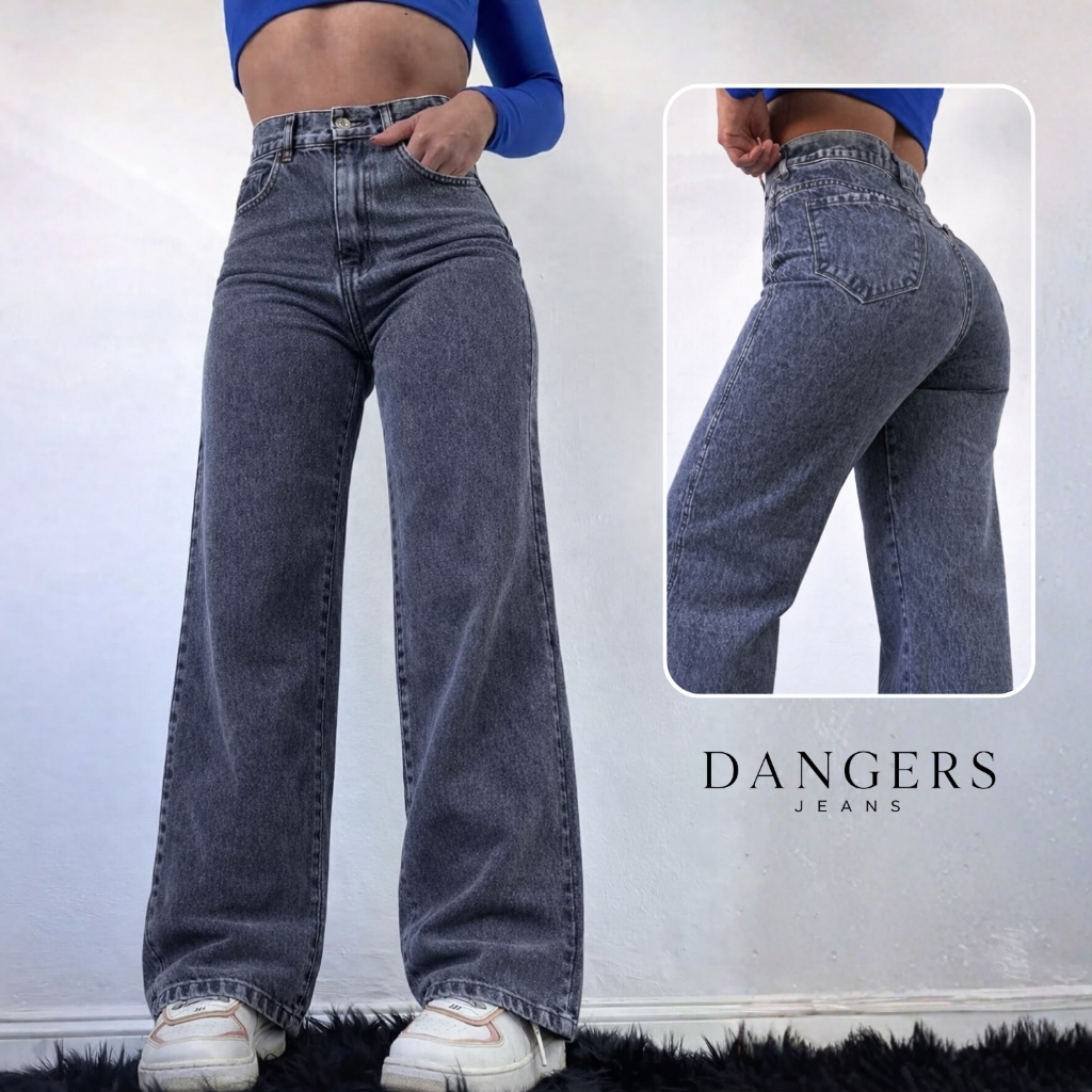 Calça Jeans Feminina Wide Leg Cintura Alta 100% Algodão