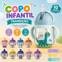 Copo de Transição Infantil 350ml Com Alça E Canudo Antivazamento Estampado Girafa Cachorrinho