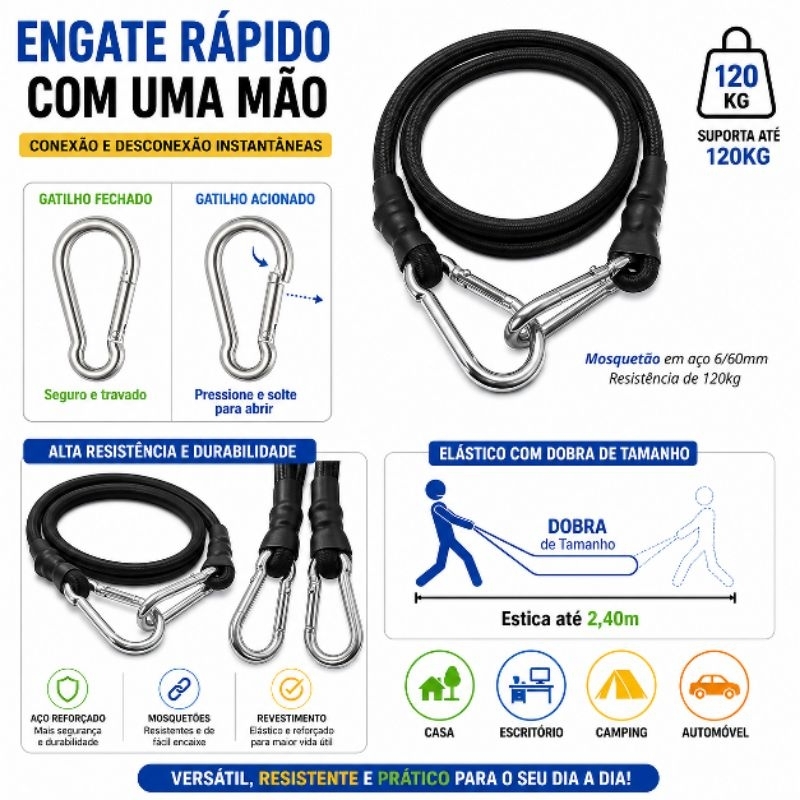 Jogo 2 Cordas Extensor Mosquetão Bagageiro Para Moto Veiculos e Embarcações 5mt comprimento estendida
