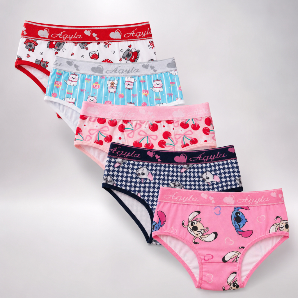 kit 3 ou 5 Calcinhas Algodão Infantil de Algodão Menina Moça Elástico Exposto Estampadas