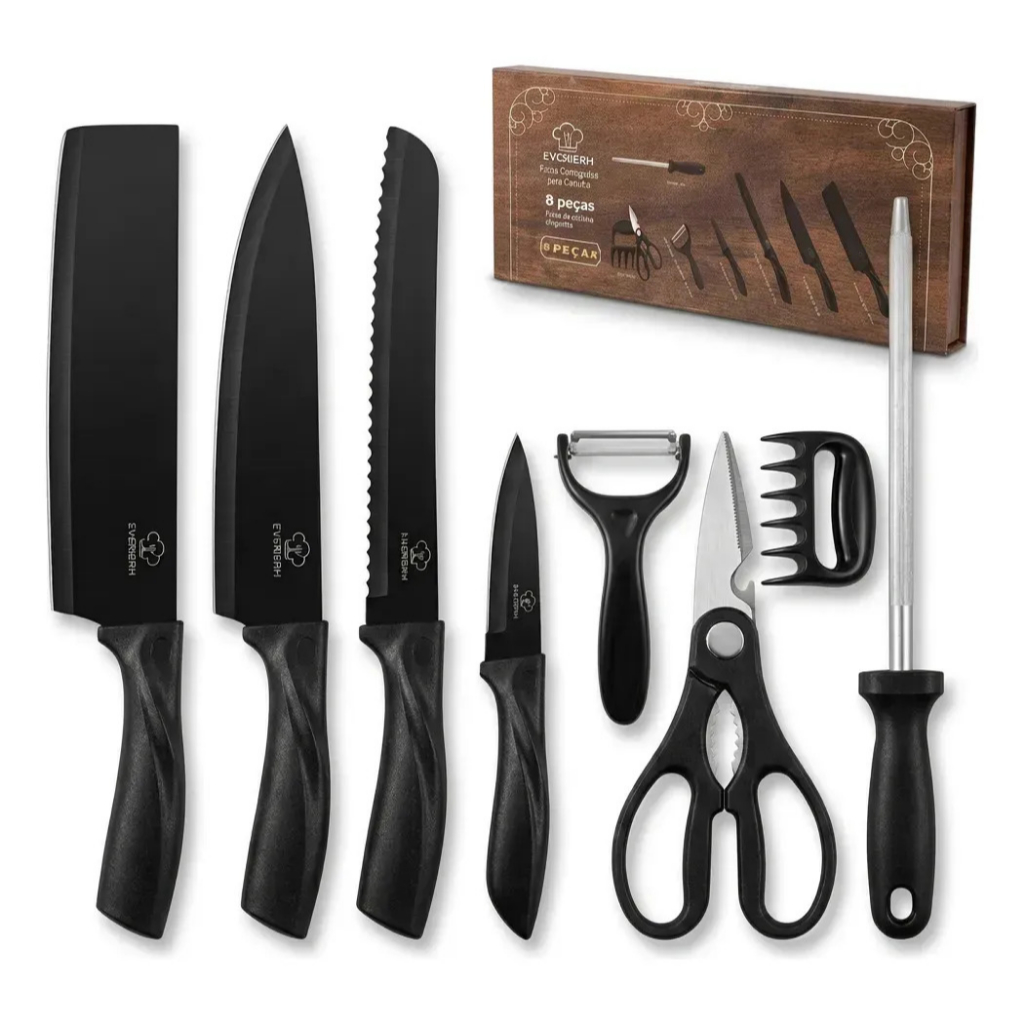 Imagem Jogo KIT 8 peças Facas Descascador Tesoura Profissional Cozinha Gourmet Faca de Churrasco Profissional Antiaderent -MGC