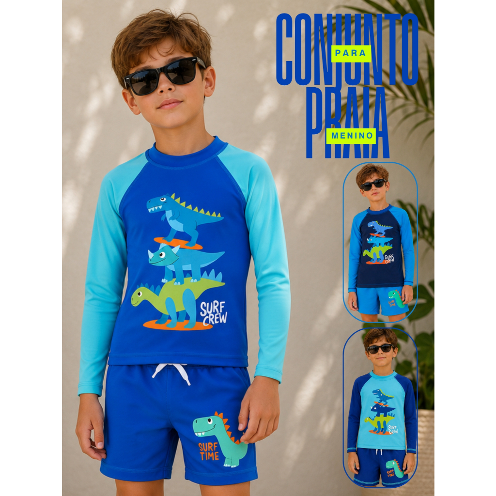 Sunga Juvenil Menino UV 50+ Proteção Solar Com Camiseta Manga Longa e Sunga Verão Praia Piscina
