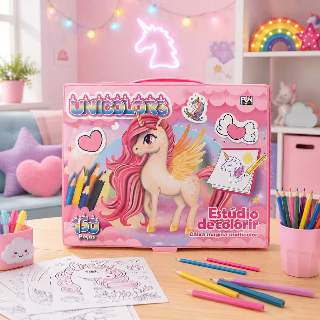 Kit Maleta de Pintura Infantil Tema Unicórnio Fun Game com 150 Peças Completa com Canetinhas, Lápis de Cor, Giz de Cera