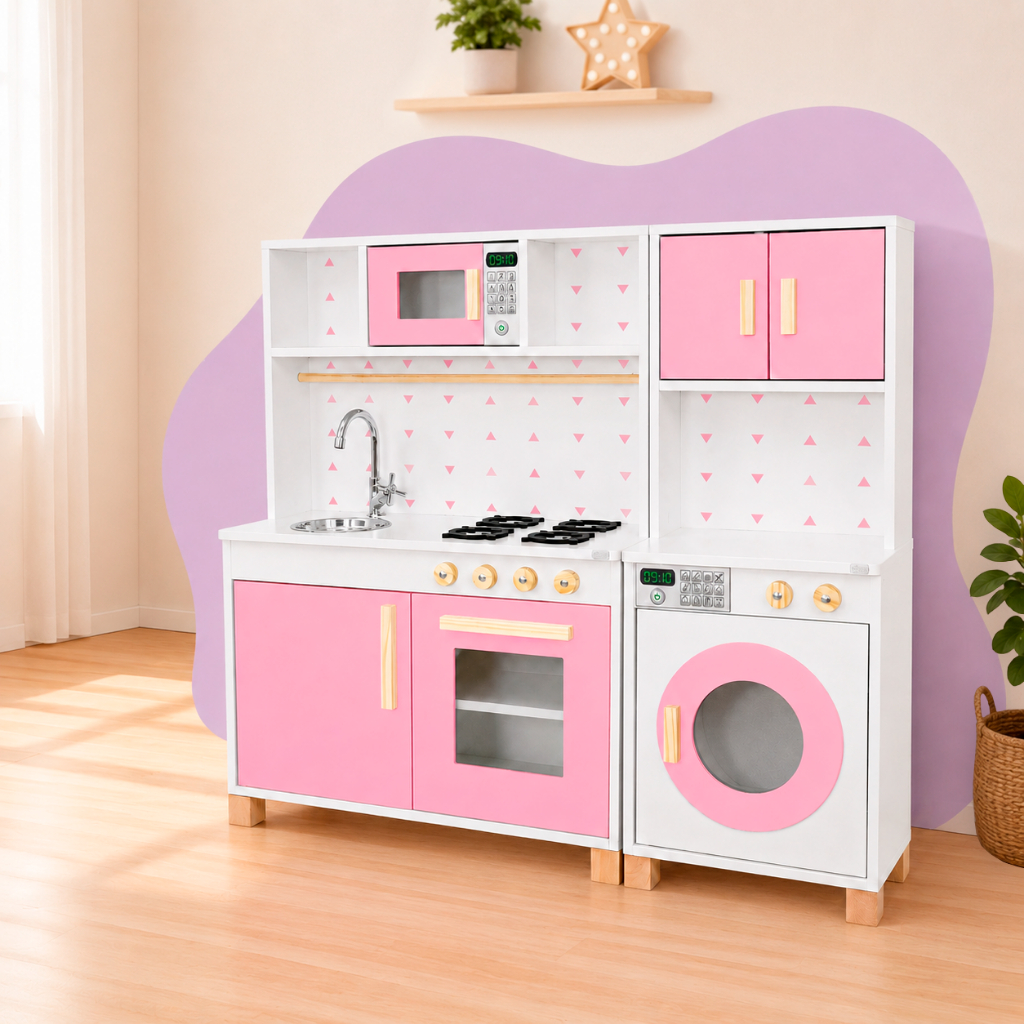 Cozinha Infantil Máquina de Lavar Madeira Rosa Brinquedo Faz de Conta Chef Pedagógico Mon…