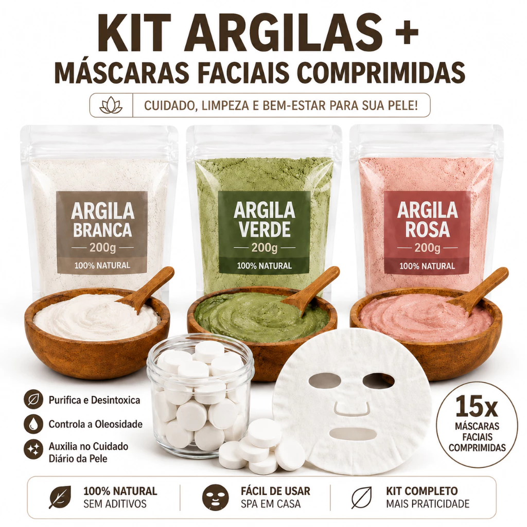 Kit Skincare Natural 3 Argilas 200g mais 15 Máscaras Faciais Comprimidas Spa Facial Completo