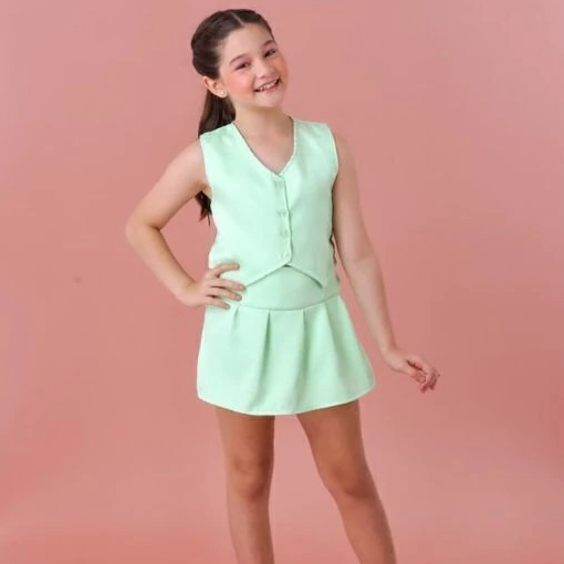 Conjunto Infantil Feminino Colete e Short Saia em Crepe Microfibra Estampado e Alfaiataria Verde, Confortável