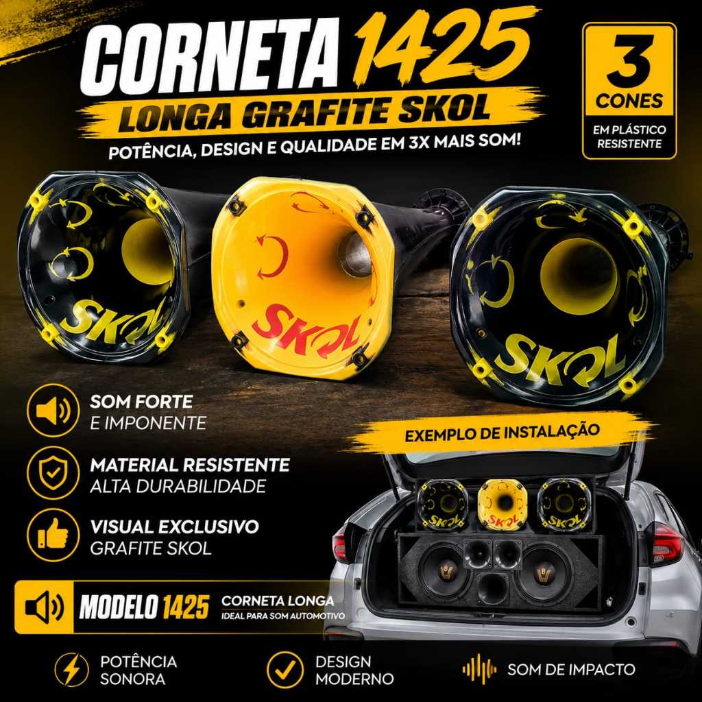 Kit 3 Cornetas Longas 1425 Grafite Skol Cone Plástico Som Automotivo Alta Qualidade Trio Elétrico