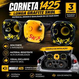 Kit 3 Cornetas Longas 1425 Grafite Skol Cone Plástico Som Automotivo Alta Qualidade Trio Elétrico