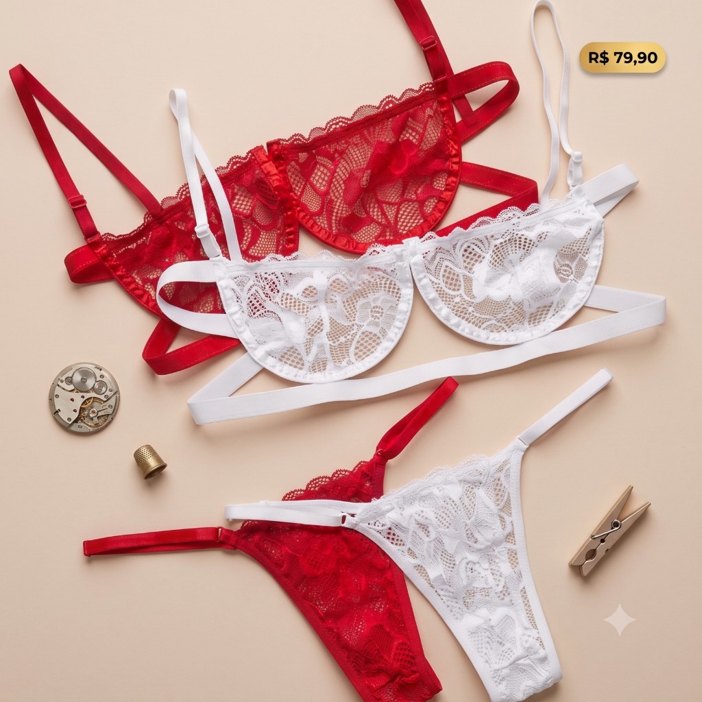 Kit 2 Conjunto Gringa Renda Meia Taça c aro lingerie