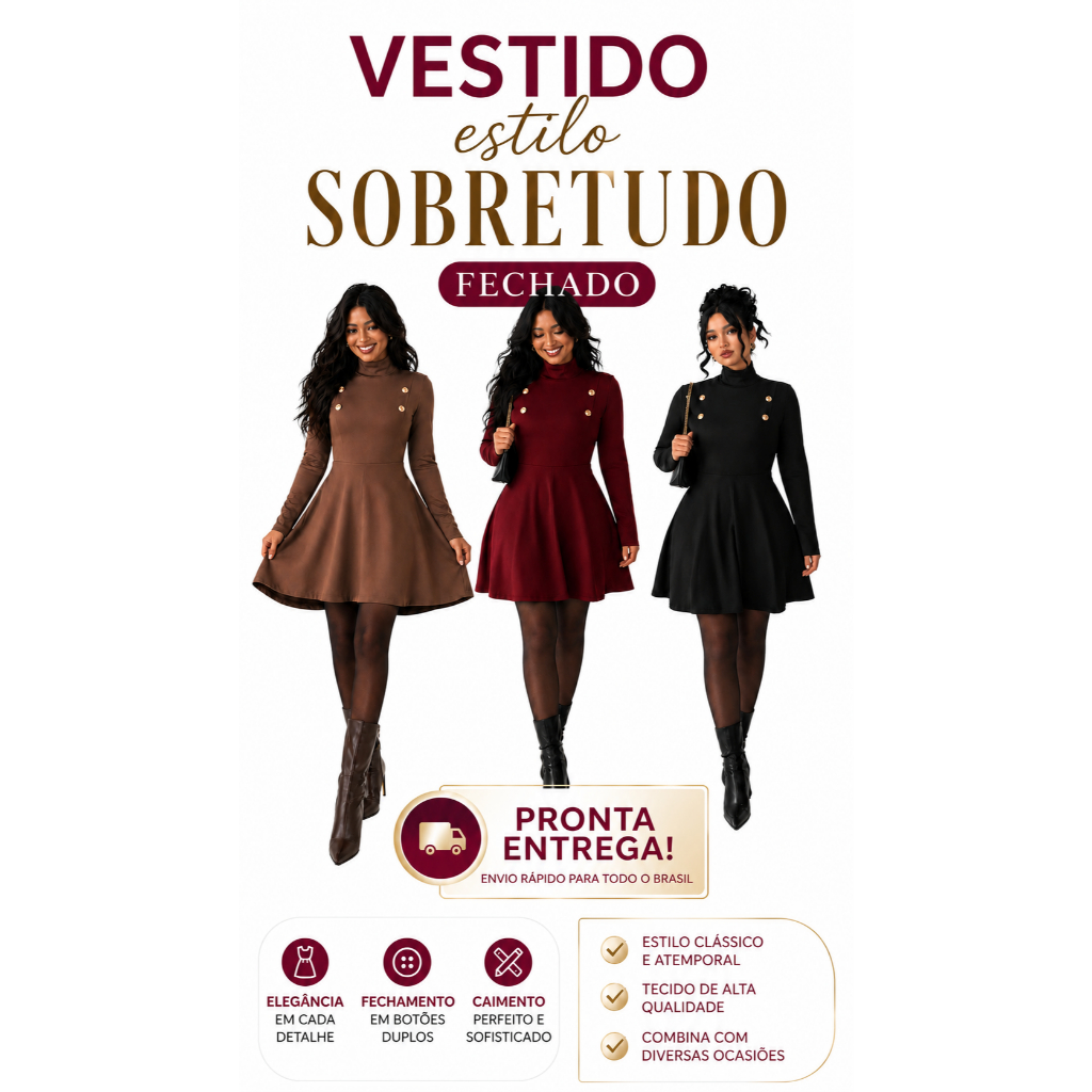 Vestido Moda Evangélica Social Cristã Plus Size Manga Longa Estilo Sobretudo Midi Comportado Rodado