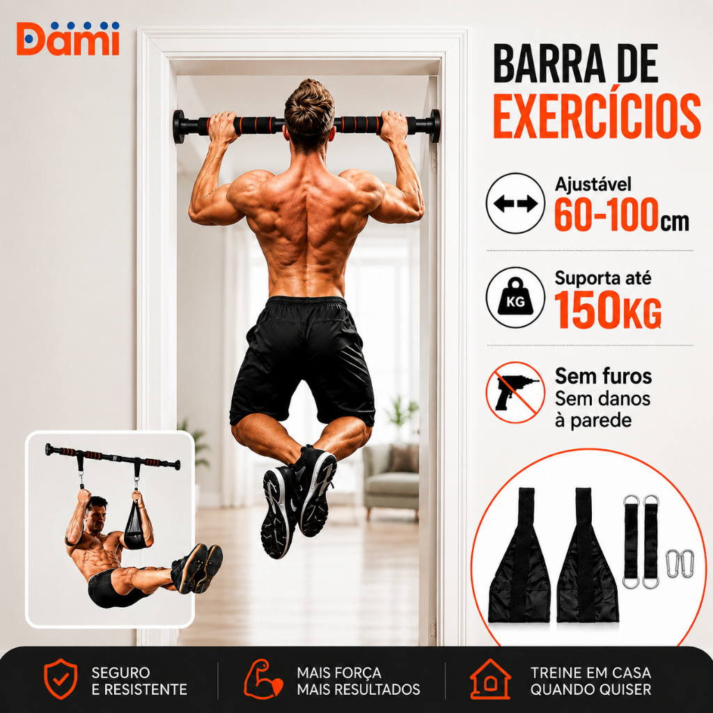 Barra Fixa de Porta Regulável 60-100cm Aço Resistente para Pull