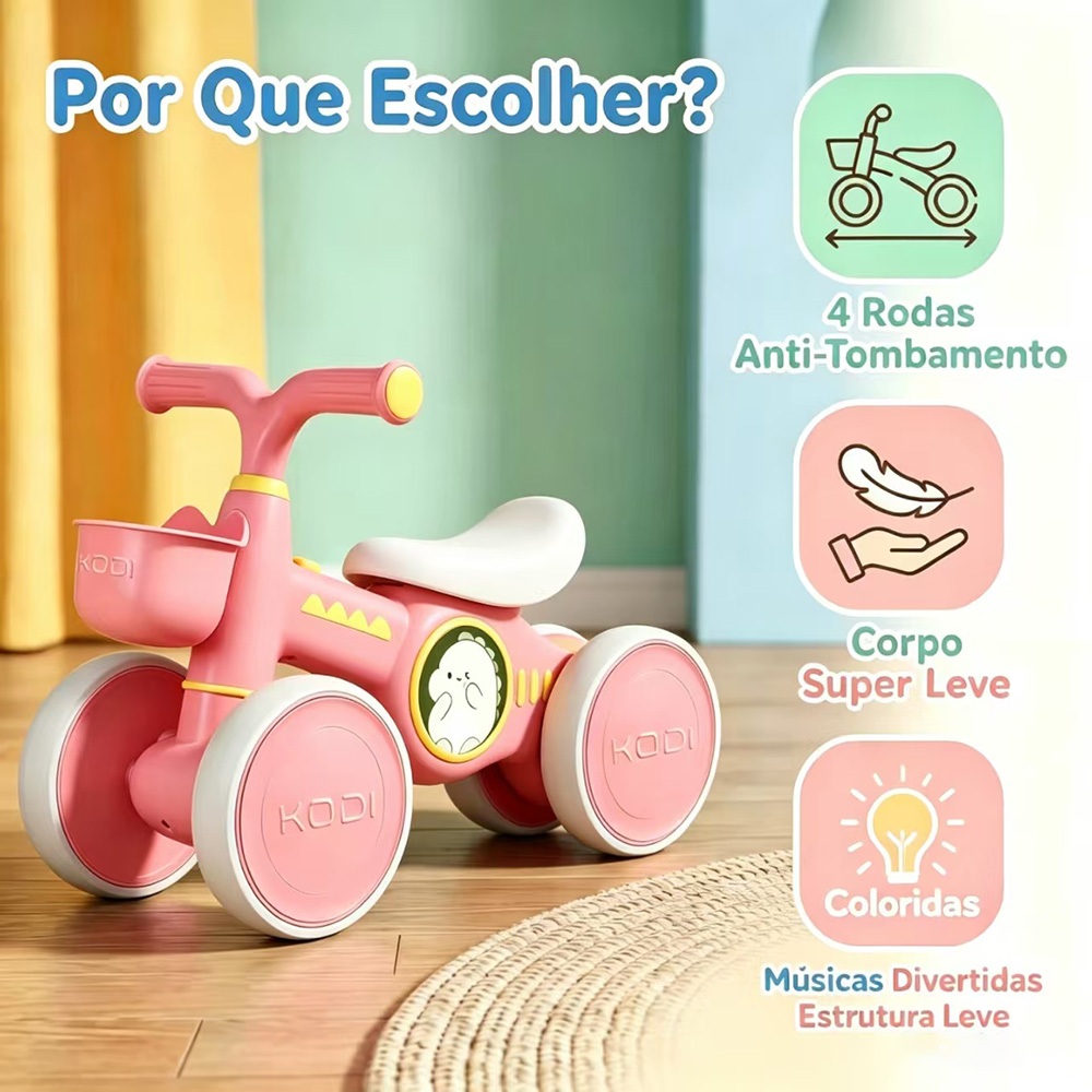 Bicicleta de Equilíbrio Música Luz 4 Rodas Andador Infantil Bebê Sem Pedal Treino de Equilíbrio e Coordenação P25