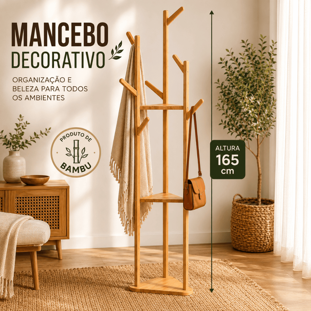 Mancebo Cabideiro Bambu Chão Arara Roupas Prateleira 164,5cm