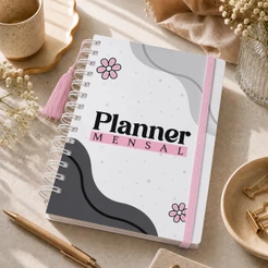Agenda Planner Mensal Visão Mês Capa Dura 228 Páginas Planejamento Meu Planner 12 Meses Cinza e Rosa