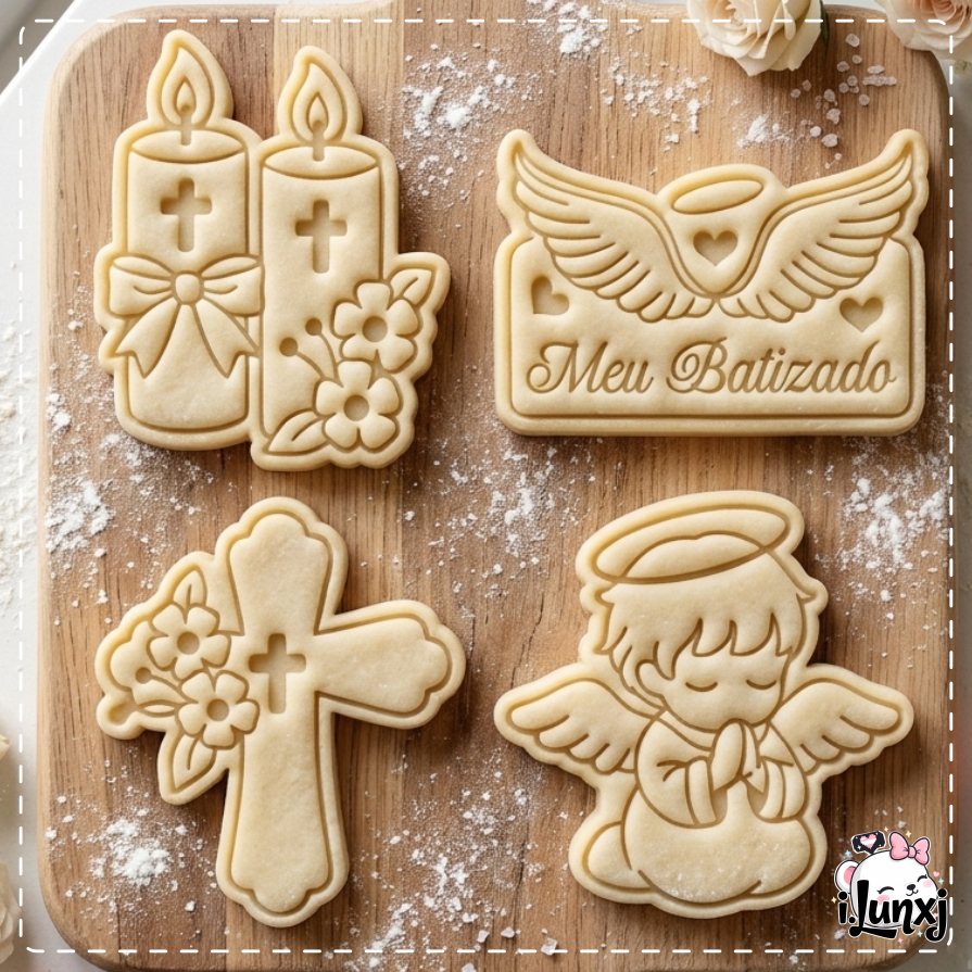 Kit Cortadores de Biscoito e Marcadores Batizado - Pasta americana Confeitaria