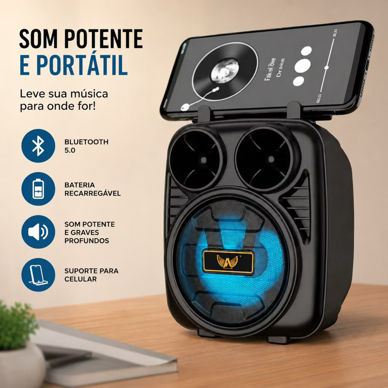 Caixa Acústica Sem Fio Bluetooth Potente Portátil Recarregável Som Rádio Compacta Alto Falante Led