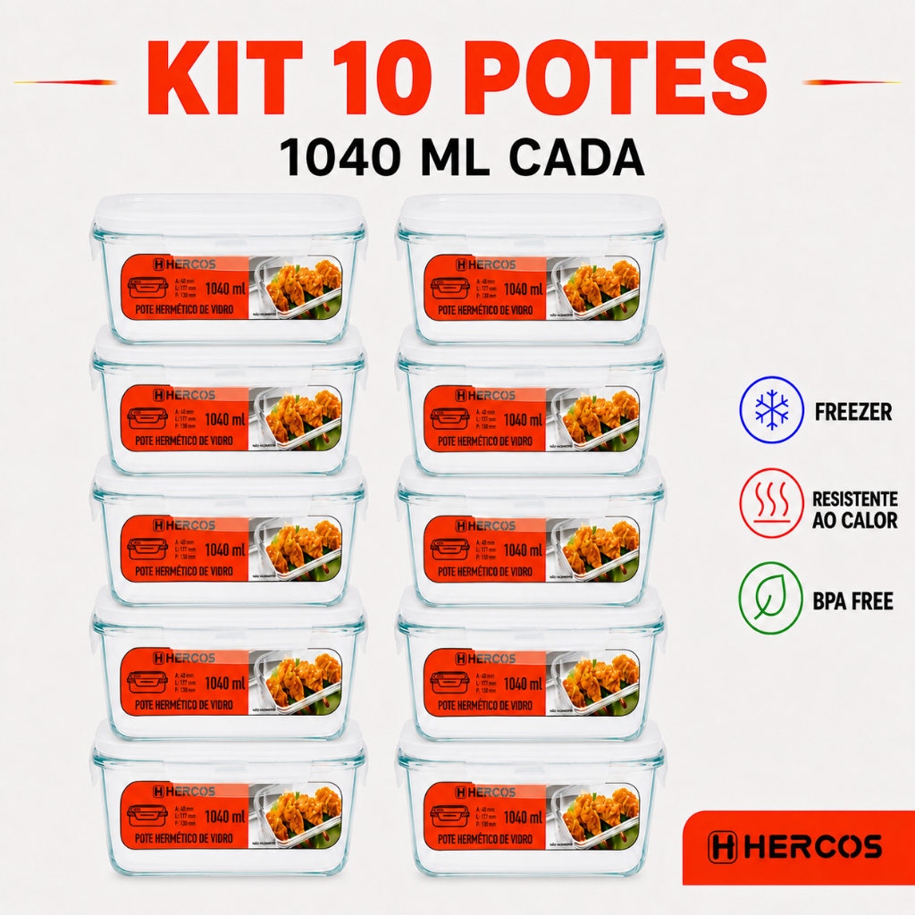 Pote Hermético Vidro Tampa 1040ml Freezer Marmita Fitness Micro-Ondas