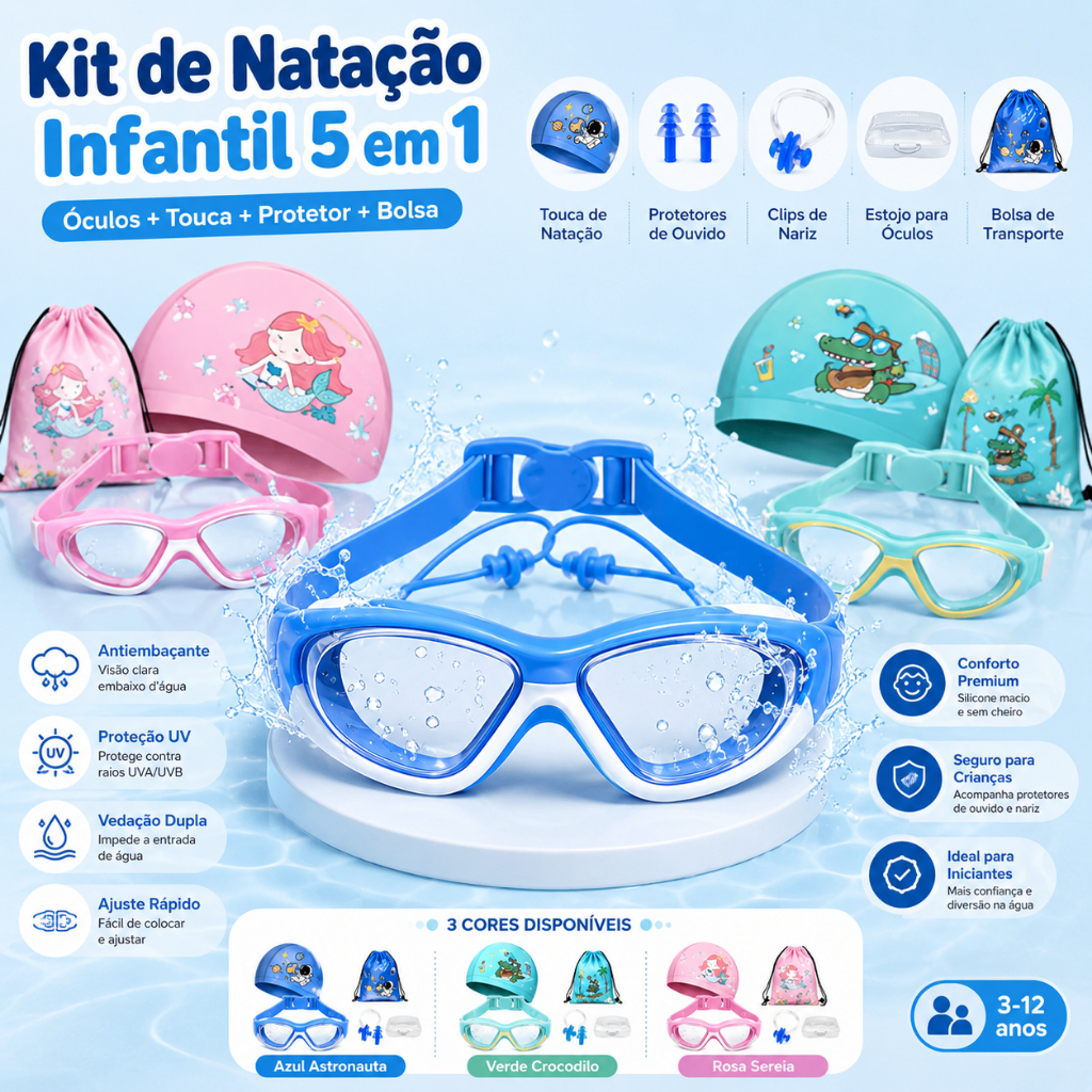 Conjunto De Touca E Óculos De Natação Para Piscina Infantil
