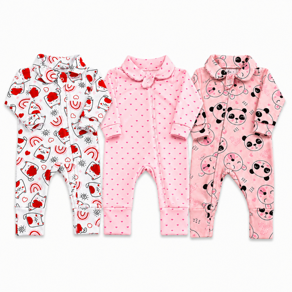 Kit 3 Macacão Longo Para Bebê Estampado C/Zíper 100% Algodão Menino Menina RN P M G — foto 2