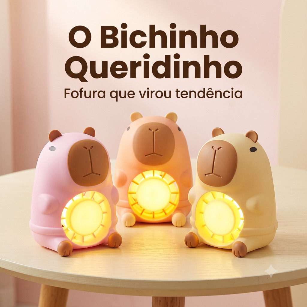 Mini Ventilador Capivara USB Recarregável com Luminária LED Luz Noturna Infantil Presente Decoração