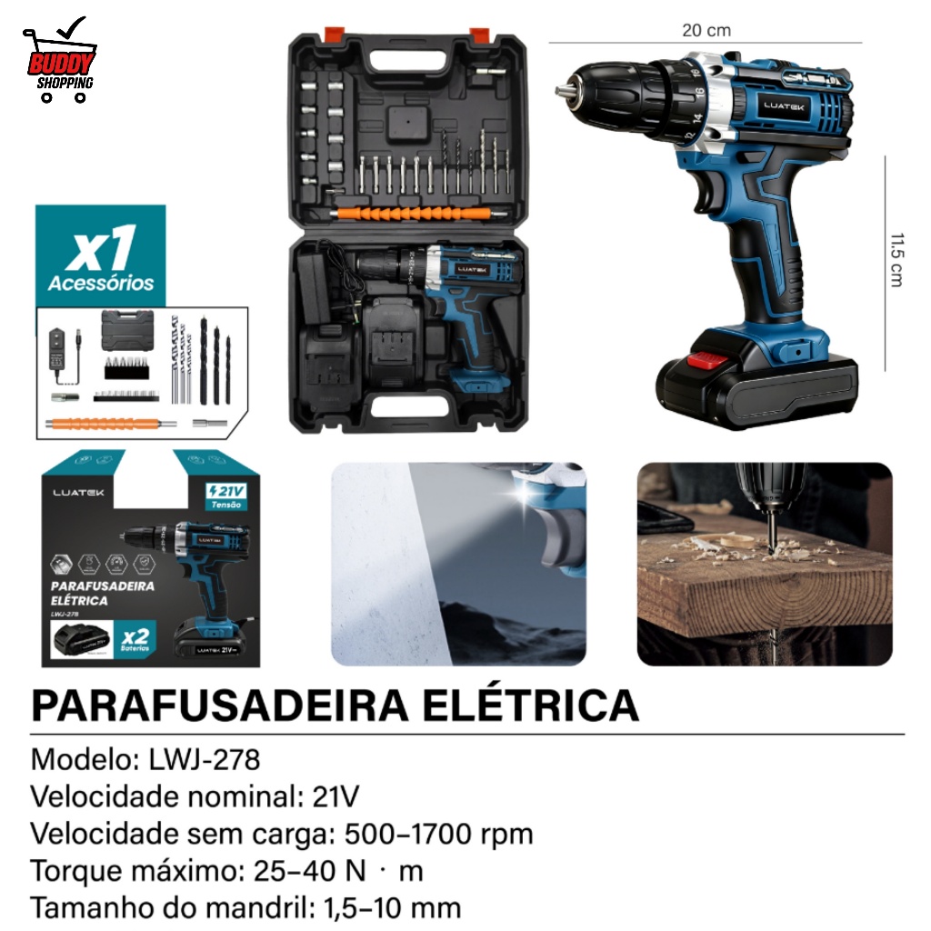 Kit Parafusadeira Furadeira 21V com Maleta e Acessórios 2 Baterias Pronta Entreg